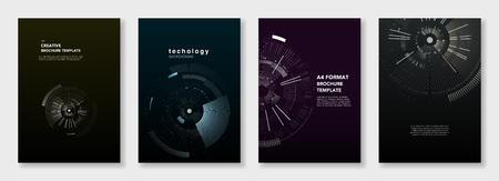 Minimal brochure templates. Circle elements on dark background. Technology sci-fi concept, abstract vector design. Templates for flyer, leaflet, brochure, report, presentation, advertisingのイラスト素材