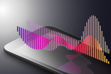Augmented reality marketing concept. Black color smart phone with abstract simple infographic. AR application background. 3D vector illustrationのイラスト素材