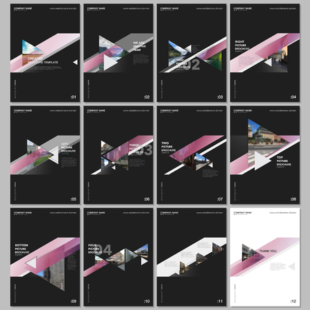 Minimal brochure templates with colorful gradient trangles and triangular shapes on black background.. Covers design templates for flyer, leaflet, brochure, report, presentation, advertising, magazine.のイラスト素材