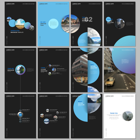 Minimal brochure templates with colorful gradient shapes, circles, round elements on black background. Covers design templates for flyer, leaflet, brochure, report, presentation, advertising, magazine.のイラスト素材