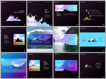 Brochure templates. Covers design templates for square flyer, leaflet, brochure, report, presentation, advertising. Background for tourist camp, nature tourism, camping. Aadventure design concept.のイラスト素材