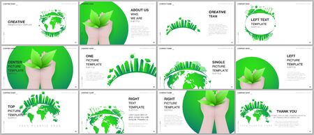 Presentation design vector templates, multipurpose template for presentation slide, flyer, brochure cover design. Green city concept. Green sustainable energy, sustainable development concept.のイラスト素材
