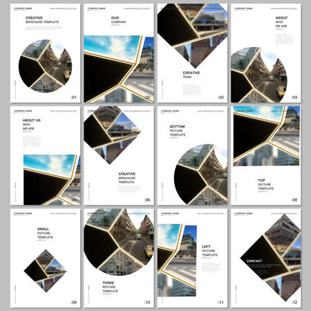 A4 brochure layout of covers design templates for flyer leaflet, A4 brochure design, presentation, book design. Abstract black and golden project with clipping mask, geometric shapes for your photo.の写真素材