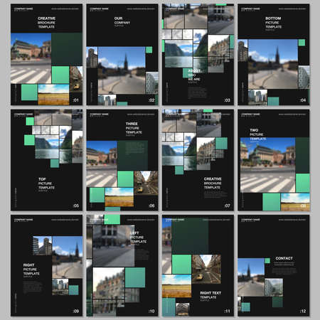 A4 brochure layout of covers design templates for flyer leaflet, A4 format brochure design, report, magazine, book design. Geometric green color abstract background with photos, consisting of squares.の写真素材