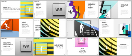 Presentation design vector templates, multipurpose template for presentation slide, brochure cover design. Abstract colored sport backgrounds in unique style for sport event, fitness design.のイラスト素材