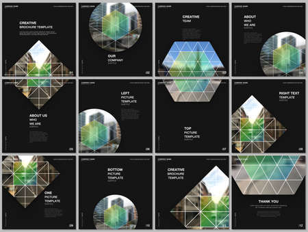 Brochure layout of square format covers design templates for square flyer leaflet, brochure design, report, presentation, magazine cover. Abstract geometric backgrounds with simple triangle shapes.のイラスト素材