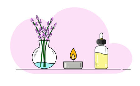 Aromatherapy and essential oils brochure template, and candle Vector line doodle illustration of spa candles, lavander, oil, massage. Linear poster, editable strokeのイラスト素材