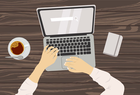 workplace, laptop, printing hands, coffee and notebook on a wooden tableのイラスト素材