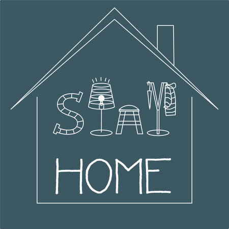 Vector typography poster with lettering quote - stay home. letters stylized for household items.のイラスト素材