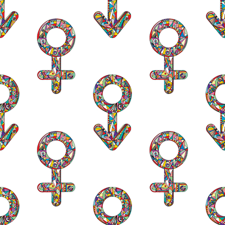 Vector abstract male and female gender signs pattern. Hand drawn sexual identity symbols seamless background.のイラスト素材