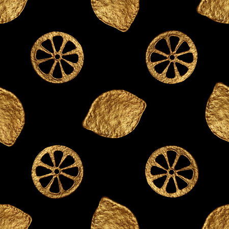 Abstract lemon pattern. Gold hand painted seamless background. Citrus fruit golden illustration.の写真素材