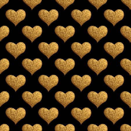 Gold heart hand painted pattern. Vintage love seamless golden background.の写真素材