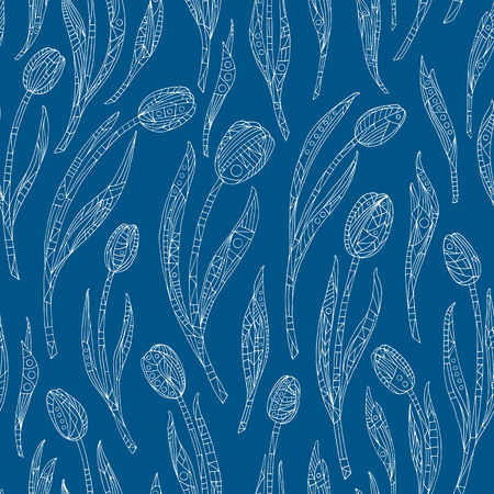 Tulips flowers pattern. Hand drawn floral seamless vector background.のイラスト素材