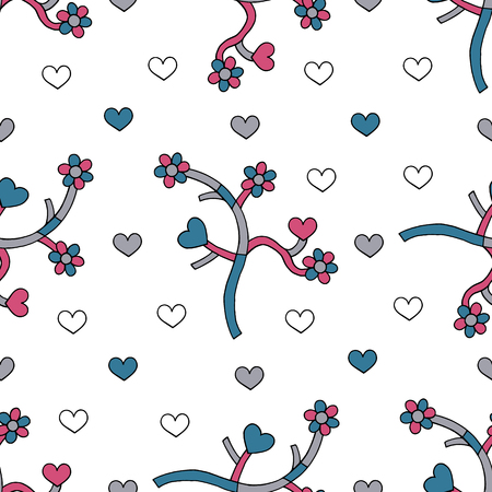 Abstract branches with hearts and flowers hand drawn vector seamless pattern. Spring drawing background. Love texture for surface design, textile, wrapping paper, wallpaper, phone case print, fabric.のイラスト素材