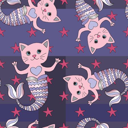 Cat mermaid vector seamless pattern. Hand drawn abstract cartoon background. Swimming cute characters.のイラスト素材
