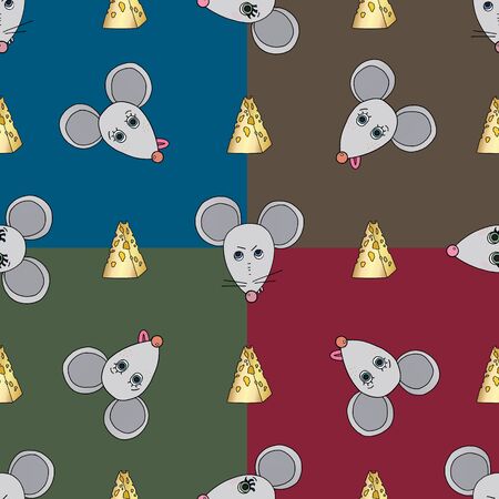 Rat characters vector seamless pattern. Mouse animal with cheese. Hand drawn cartoon cute pets background.のイラスト素材