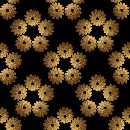 Flowers gold hand painted seamless pattern. Abstract floral golden background. Gypsy nature glitter texture.の写真素材