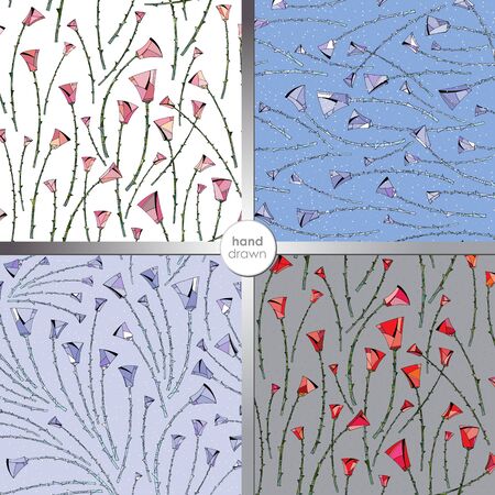 Roses seamless backgrounds. Hand drawn flowers vector patterns in modern style.のイラスト素材
