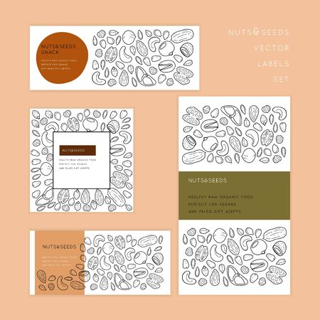 Nuts and seeds  line silhouettes. Vector label designs set with place for text. Flyer, booklet advertising and design.のイラスト素材