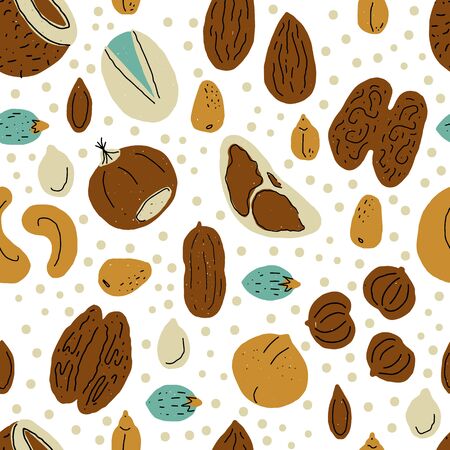 Nuts and seeds seamless pattern.Background made from hand drawn vector elements. Set of food objects for package, merch and other design.のイラスト素材