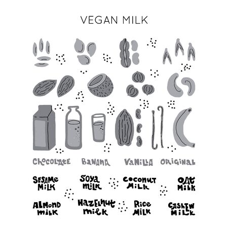 Vegan milk collection of hand drawn vector elements. Illustration made in doodle style. Set of food objects for package, merch and other design.のイラスト素材