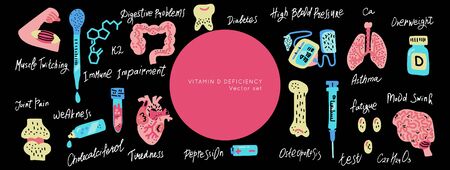 Vitamin D deficiency in human organism template for social media. Medicine handpainted vector icons. Textured illustration made in funny flat doodle style.のイラスト素材
