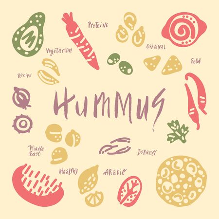 Vegetarian raw organic Hummus hand drawn vector design. Illustration made in doodle style. Set of food objects for package, merch and other design.のイラスト素材