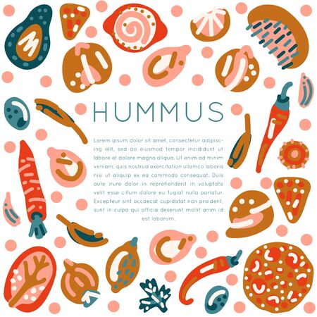 Vegetarian raw organic Hummus hand drawn square frame. Vector handdrawn isolated square concept. Illustration made in doodle style. Set of food objects for package, merch and other design.のイラスト素材