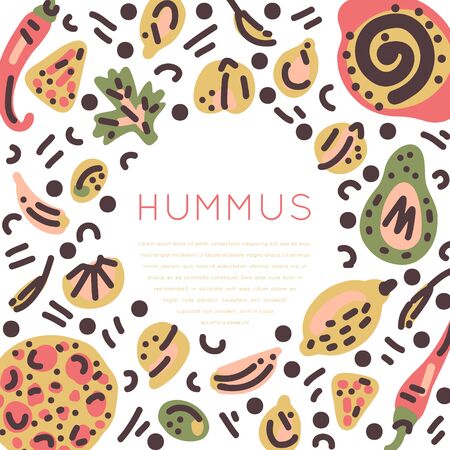 Vegetarian raw organic Hummus hand drawn round frame. Vector handdrawn isolated circle concept. Illustration made in doodle style. Set of food objects for package, merch and other design.のイラスト素材