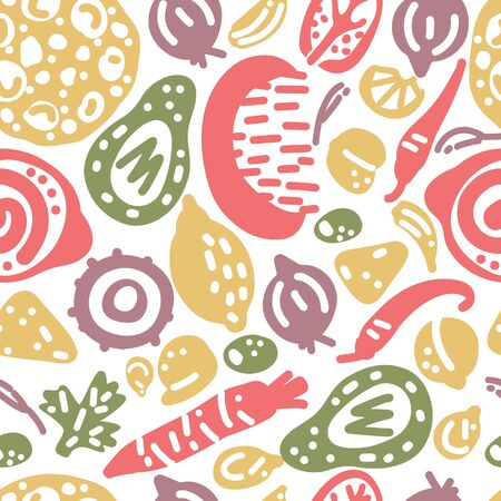 Vegetarian raw organic Hummus hand drawn vector seamless background. Illustration made in doodle style. Set of food objects for package, merch and other design.のイラスト素材