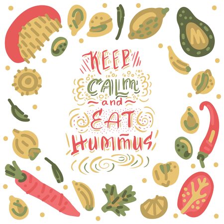 Hand drawn Hummus lettering  with different illustrations around. Unique vector quote poster.Custom typography for your designs: package, merch and t-shirts.のイラスト素材