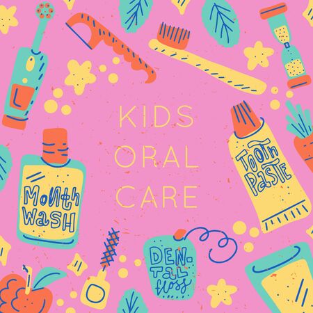 Kids oral care vector set. Dental hygiene for child - icons. Illustration made in doodle style, square frame. Vector handdrawn isolated square concept.のイラスト素材