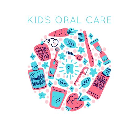 Kids oral care vector set. Dental hygiene for child - icons. Illustration made in doodle style, c round frame. Vector handdrawn isolated circle concept.のイラスト素材