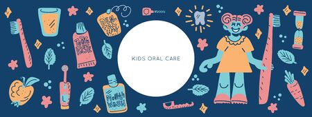 Boy and girl smiling and holding tooth brush scene.
Kids oral care vector set. Dental hygiene for child illustration.Vector Horizontal header web template.のイラスト素材