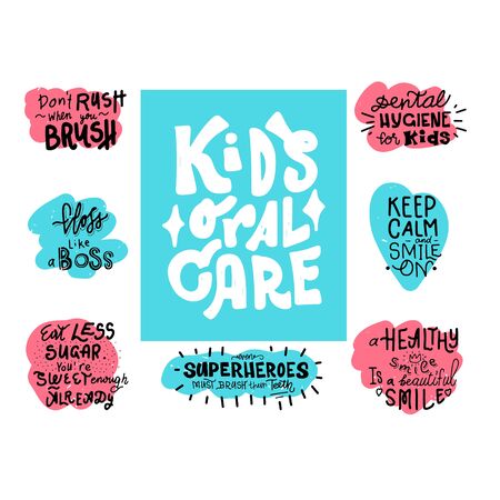 Kids oral care vector set. Dental hygiene for child.Hand drawn motivational lettering quotes collection. Bundle of positive funny
posters. Custom designs of inspirational quotes.のイラスト素材