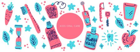 Kids oral care vector set. Dental hygiene for child - icons. Illustration made in doodle style, colourful background. Horizontal header web template.のイラスト素材