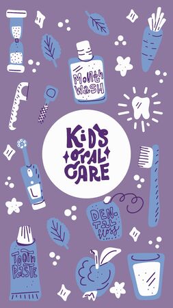 Kids oral care vector. Dental hygiene for child - icons made in doodle style. Social media photo frame. Template for stories mobile interface, ui, app, web. Vector illustration background.のイラスト素材