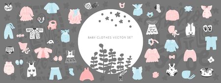 Newborn Baby vintage clothes vector set. Classic Boho apparel for infants - icons. Illustration made in doodle style, colourful background.Vector Horizontal header web template.のイラスト素材