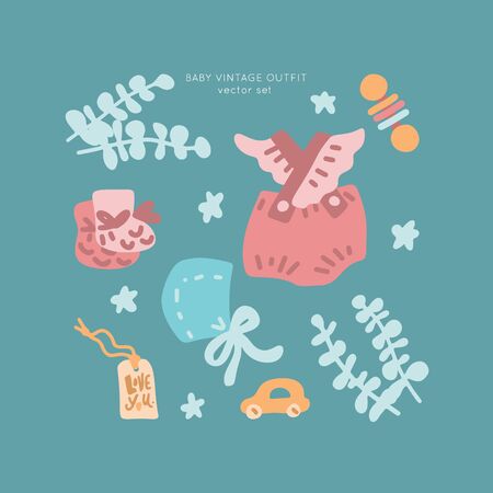 Baby shower vector set. Classic apparel for infants - icons. Illustration made in doodle style, colourful background. Newborn Baby vintage clothes collection.のイラスト素材
