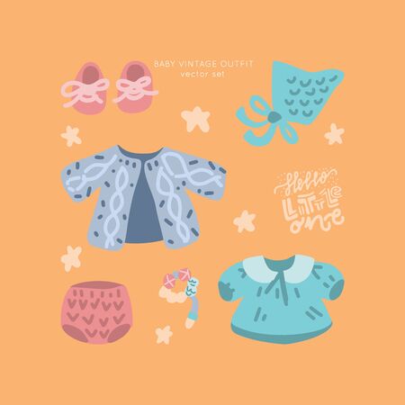 Baby shower vector set. Classic apparel for infants - icons. 
Illustration made in doodle style, colourful background. Newborn Baby vintage clothes collection.のイラスト素材