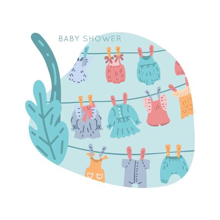 Baby shower vector set. Classic apparel for infants - icons. Illustration made in doodle style, colourful background. Newborn Baby vintage clothes collection.のイラスト素材