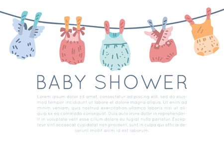 Baby shower vector set. Classic apparel for infants - icons. 
Illustration made in doodle style, colourful background. Newborn Baby vintage clothes collection.のイラスト素材