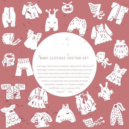 Newborn Baby vintage clothes silhouettes vector set. Classic Boho apparel for infants - icons. 
Illustration made in doodle style, colourful background.のイラスト素材