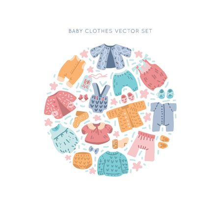 Newborn Baby vintage clothes vector set. Classic Boho apparel for infants - icons. Illustration made in doodle style, round frame. Vector handdrawn isolated circle concept.のイラスト素材
