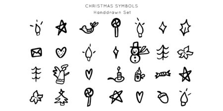 Christmas hand drawn doodle decorations. Symbols of holiday vector set. Illustrations for greeting cards, banners, templates, apparel, posters, bags, web design. Isolated elements background.のイラスト素材