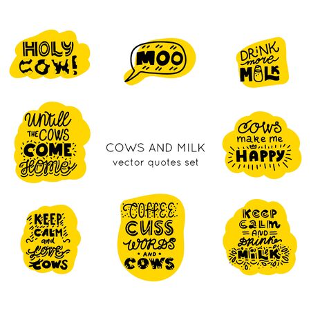 Cows and milk vector elements.Hand drawn motivational lettering quotes collection. Bundle of positive motivation posters. Set of objects for package, merch and other design. Hand lettering quotes bundle.のイラスト素材