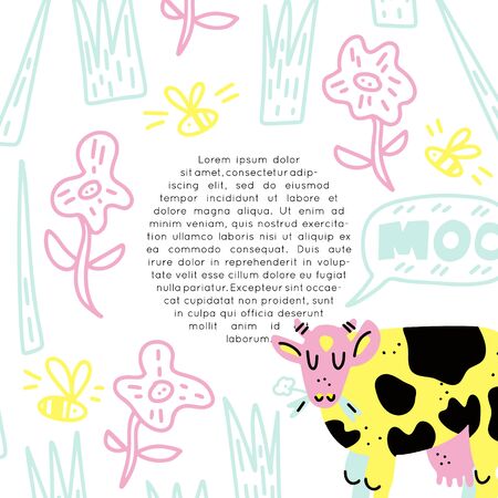 Cows and milk collection of hand drawn vector elements. Illustration made in doodle style, round frame. Vector handdrawn isolated circle concept. Set of objects for package, merch and other design. のイラスト素材