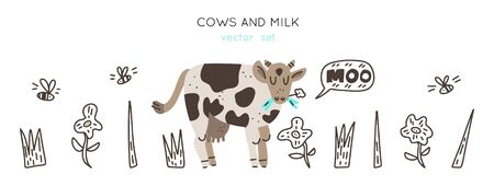 Cows and milk collection of hand drawn vector elements. Illustration made in doodle style. Set of objects for package, merch and other design. Vector Horizontal header web template.のイラスト素材
