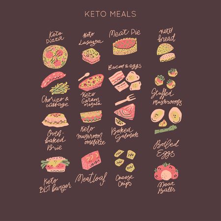 Ketogenic diet meals vector set. Hand painted illustration made in funny doodle style. Big bundle of clipart Keto diet elements with hand lettering.のイラスト素材