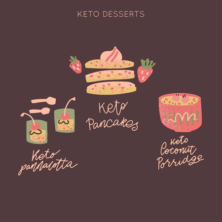 Ketogenic diet desserts vector set. Hand painted illustration made in funny doodle style. Big bundle of clipart Keto diet elements with hand lettering.のイラスト素材